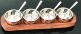 Copper Chutney Tray 4 Pot Relish Pickle 9 pcs Wood Base Set Restaurant Serving