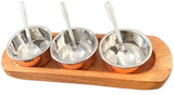 Copper Chutney Tray 3 Pot Relish Pickle 7 pcs Wood Base Set Restaurant Serving