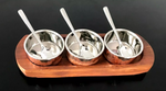 Copper Chutney Tray 3 Pot Relish Pickle 7 pcs Wood Base Set Restaurant Serving