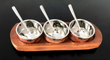 Copper Chutney Tray 3 Pot Relish Pickle 7 pcs Wood Base Set Restaurant Serving