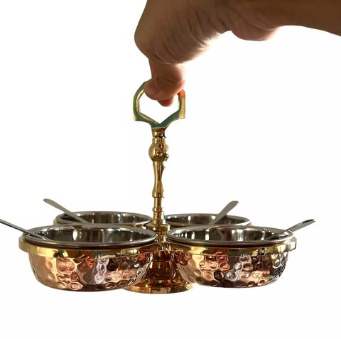 Copper Chutney Tray Gold Handle Server 4 Pot Relish Pickle Condiment 9 pcs Set